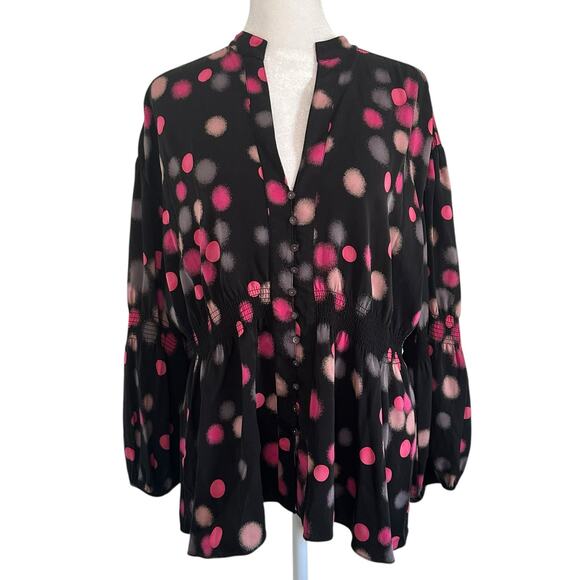 Diane Von Furstenberg black & pink polka dot long sleeve top size 8 - Picture 1 of 12